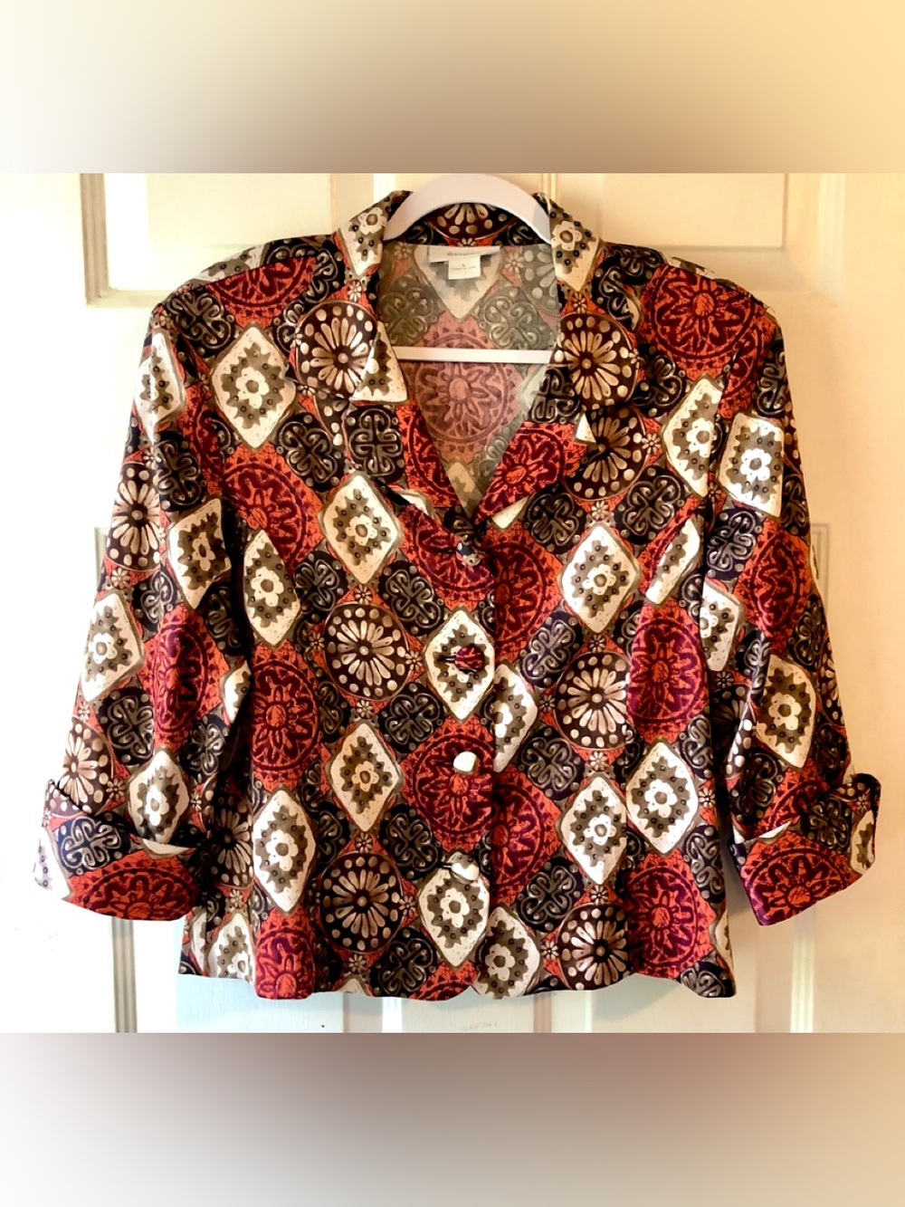 Dress Barn Brown Red Tan Cream Boho Medallion Print Jacket Style Blouse Large